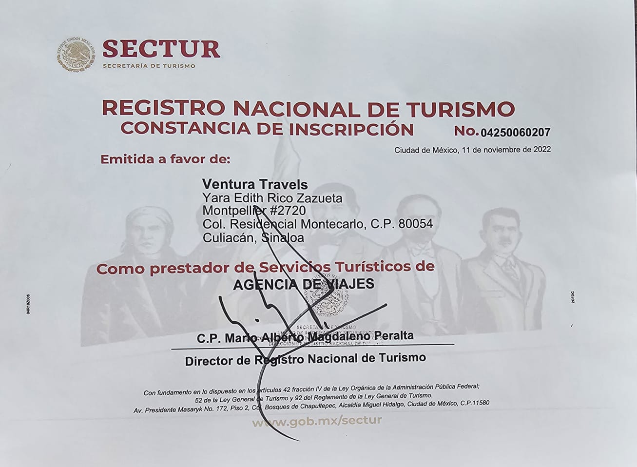 Certificación de la Secretaría de Turismo