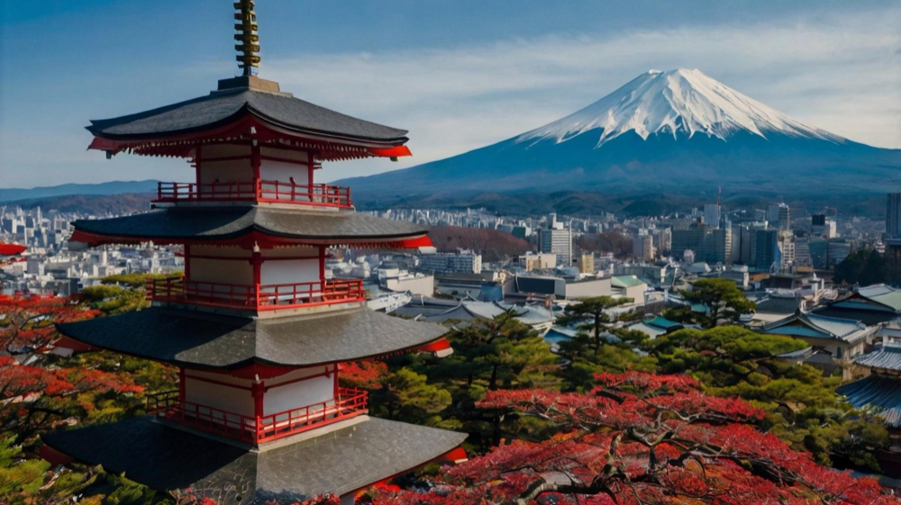 Monte Fuji y pagoda en Japón
